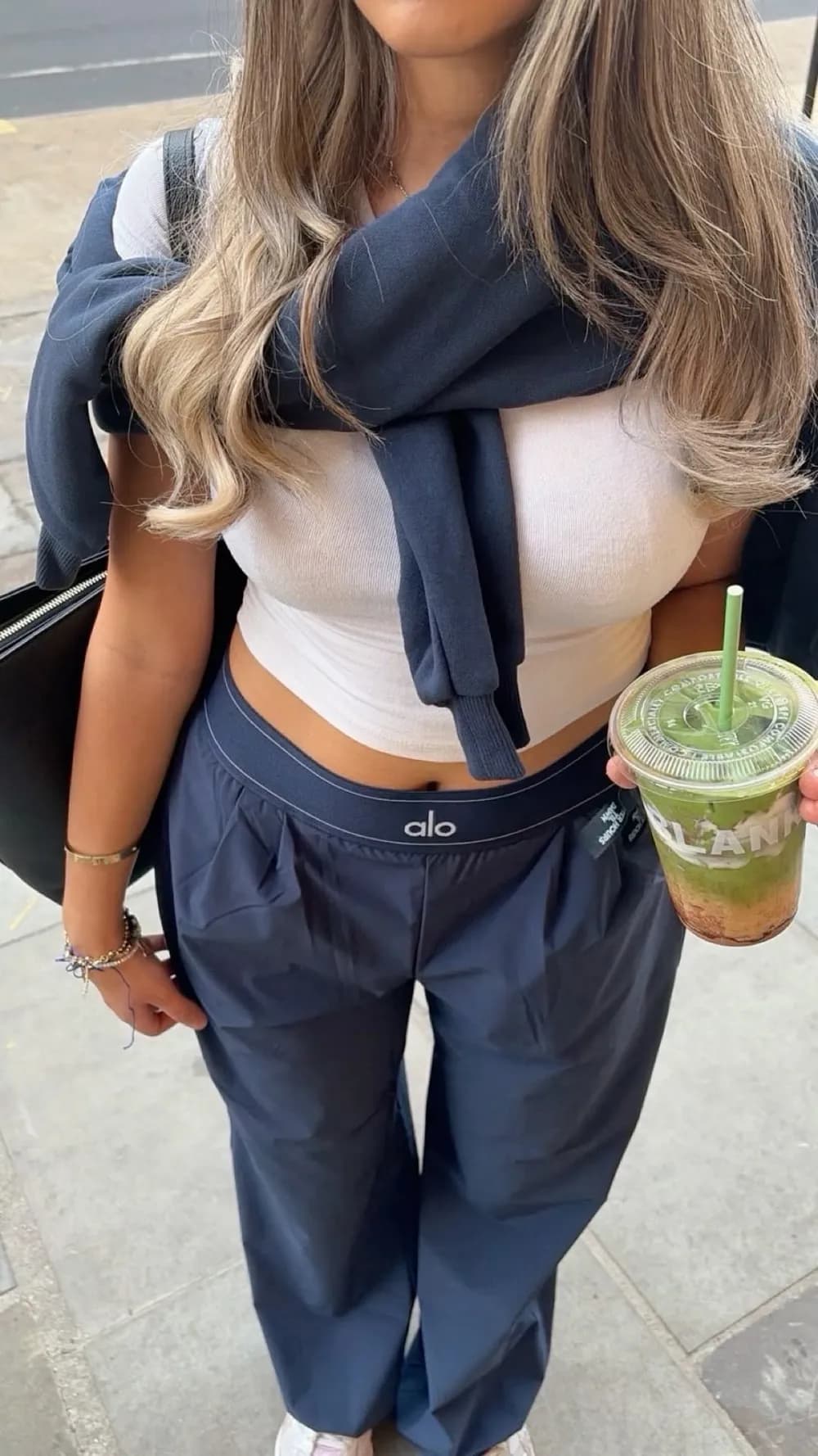 White crop top with navy wide leg pants