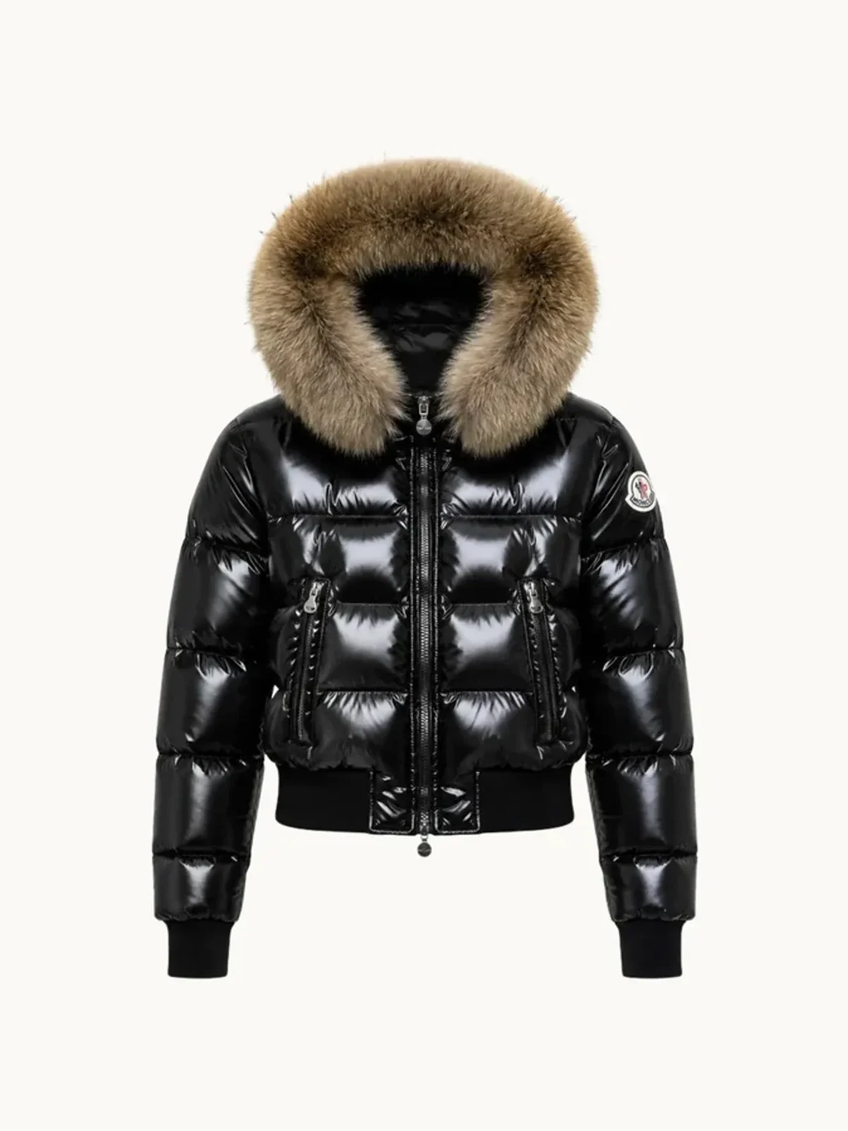 Moncler Fur-Hood Glossy Down Bomber in Black